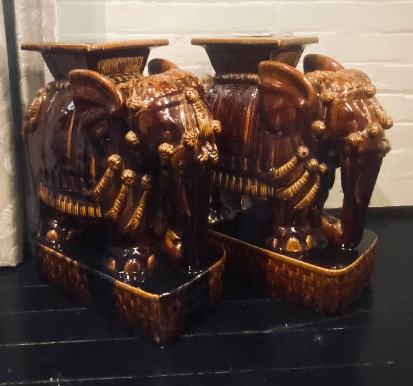 A Pair of Vintage Amber Glazed Elephants