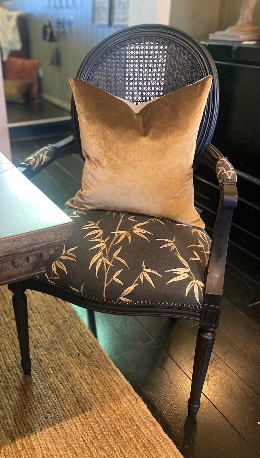 Black French Custom Upholstered Carver Chairs