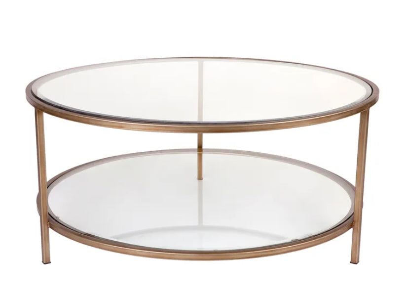 Round Glass Coffee Table with two glass shelves - Antique Gold