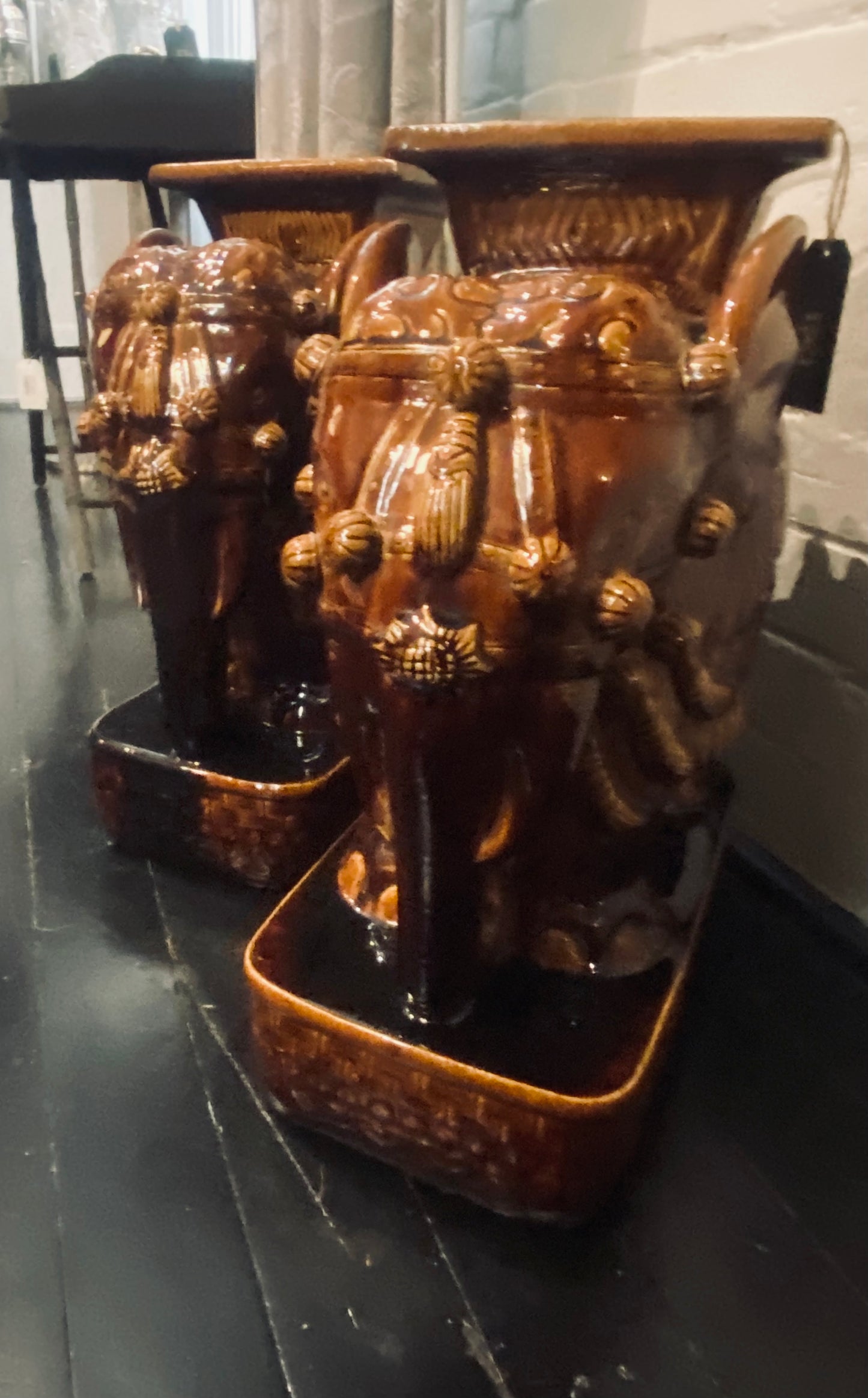 A Pair of Vintage Amber Glazed Elephants
