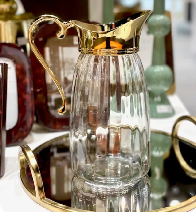 Jupiter Jug Large - Gold with Ribbed Glass