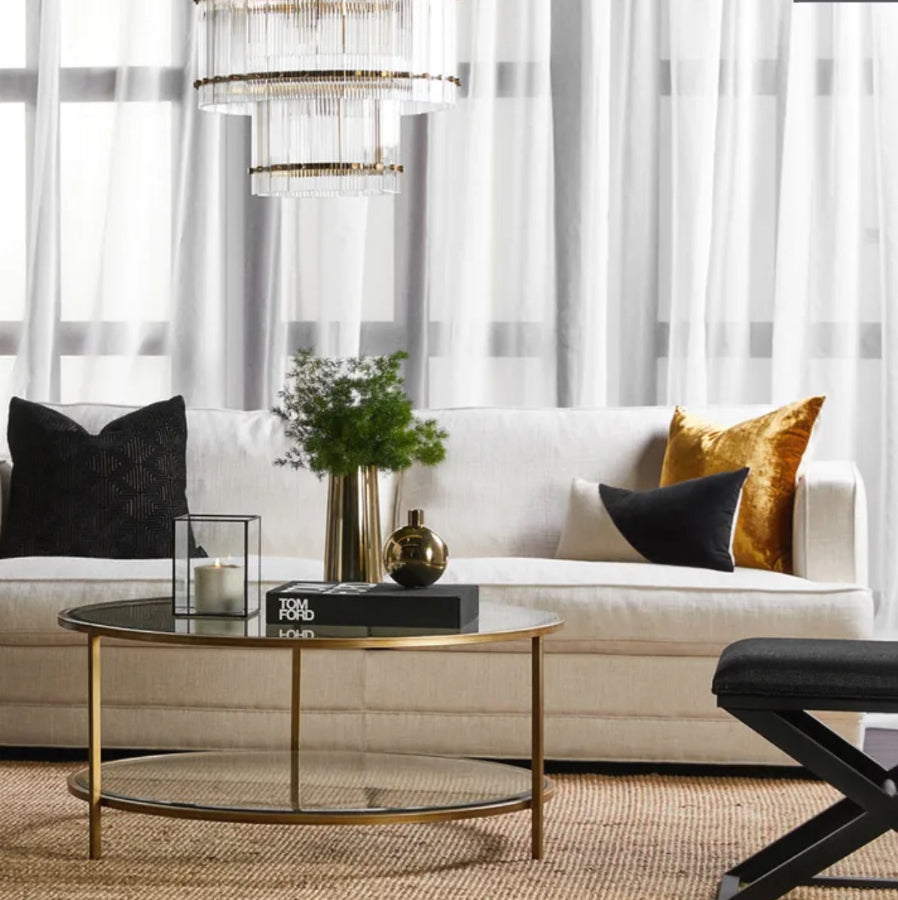 Round Glass Coffee Table with two glass shelves - Antique Gold