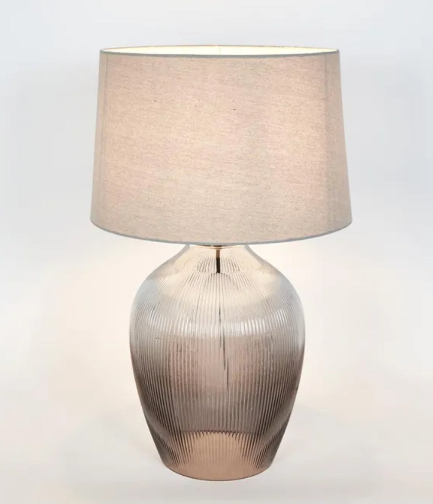 Ribbed Glass Table Lamp with Natural Linen Shade.