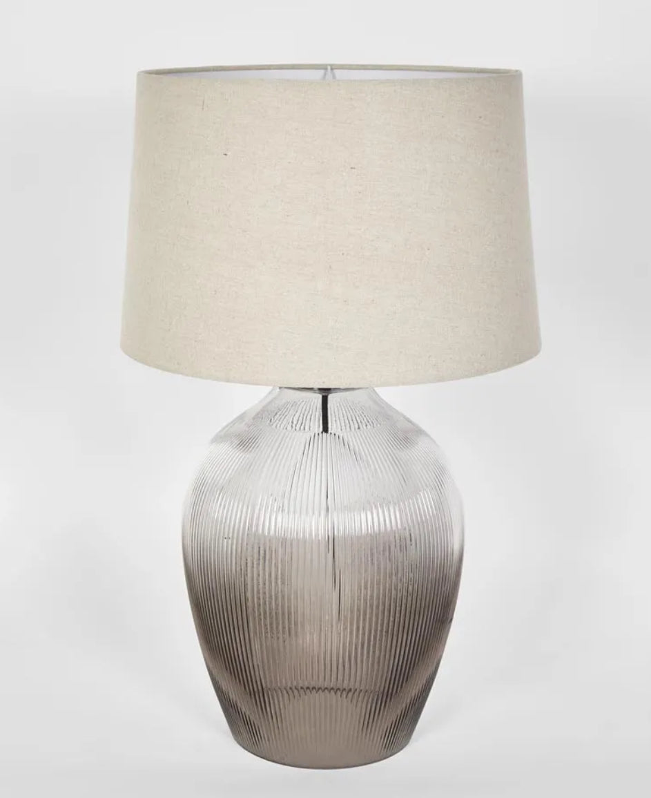 Ribbed Glass Table Lamp with Natural Linen Shade.