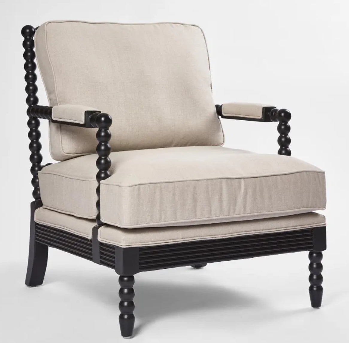 Carved Black Armchair with Linen Upholstery