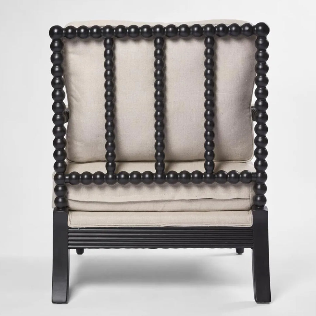 Carved Black Armchair with Linen Upholstery