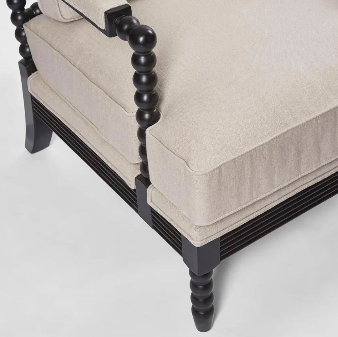 Carved Black Armchair with Linen Upholstery