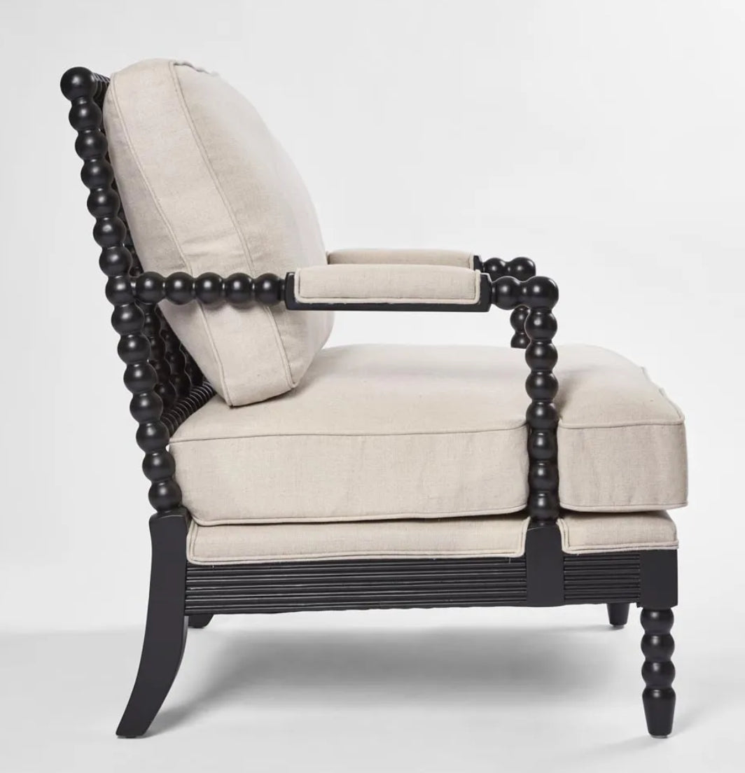 Carved Black Armchair with Linen Upholstery