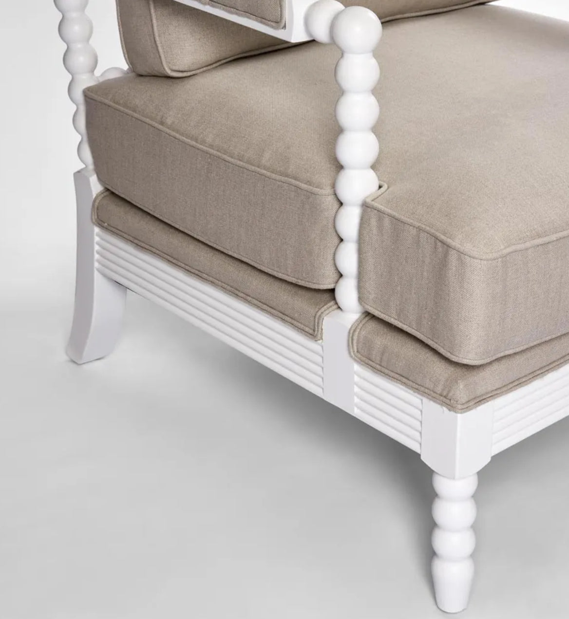 Carved White Armchair with Linen Upholstery