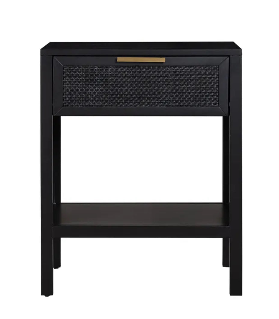 Black Timber and Rattan Bedside Table