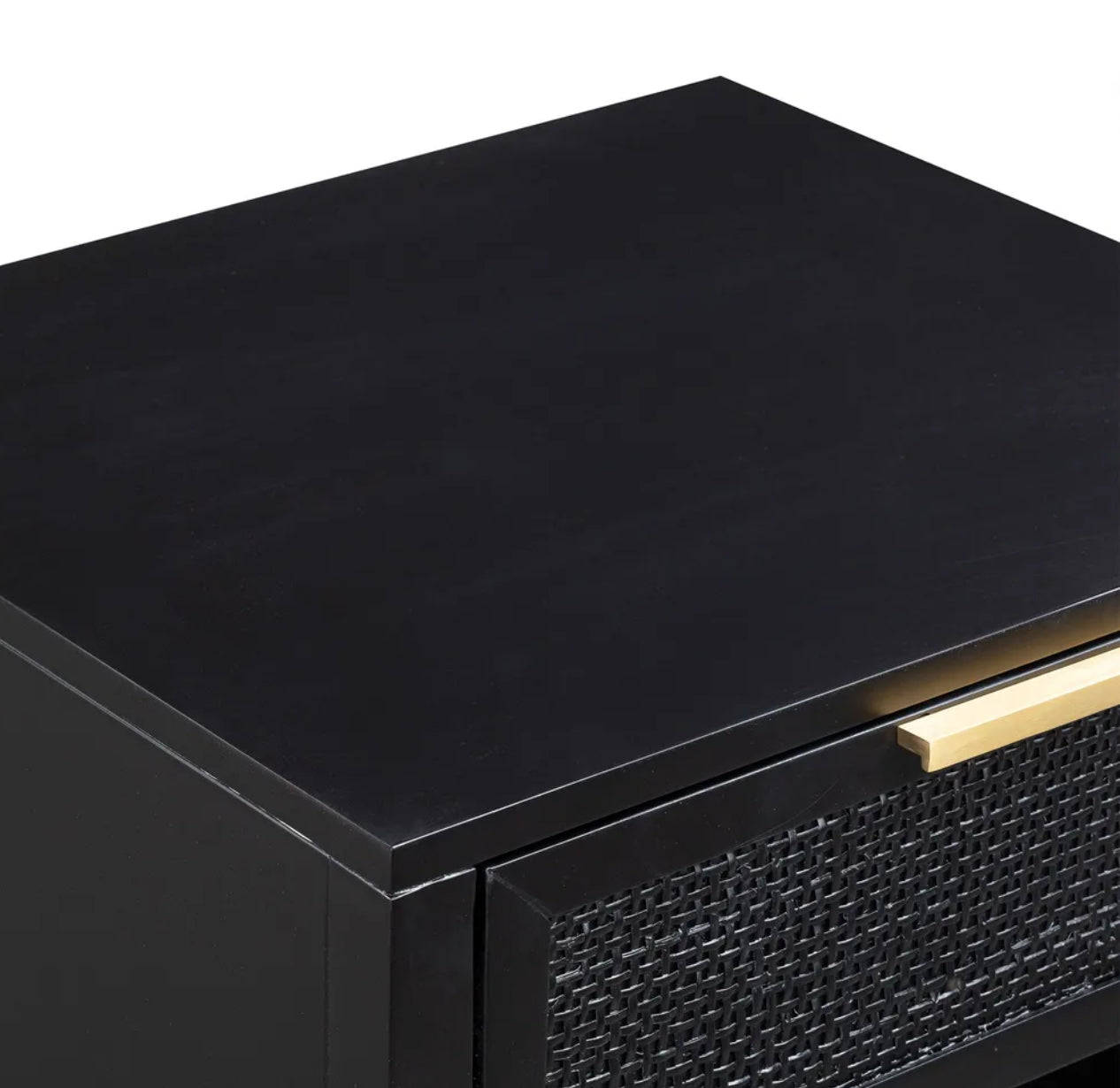 Black Timber and Rattan Bedside Table