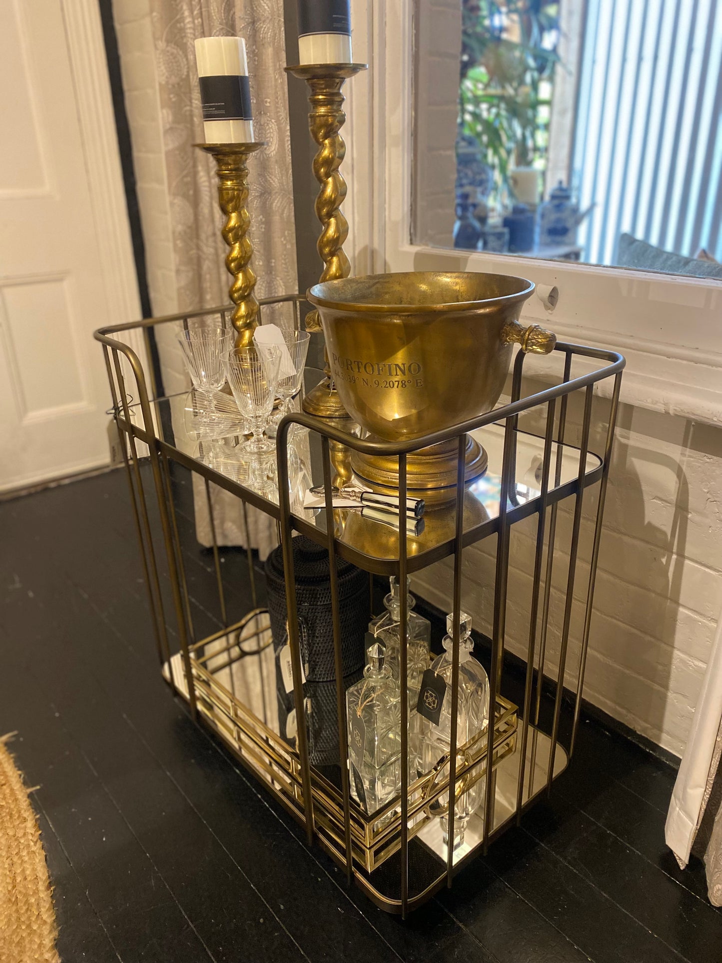 Two-Tiered Mirrored Bar Cart with Bronze Finish