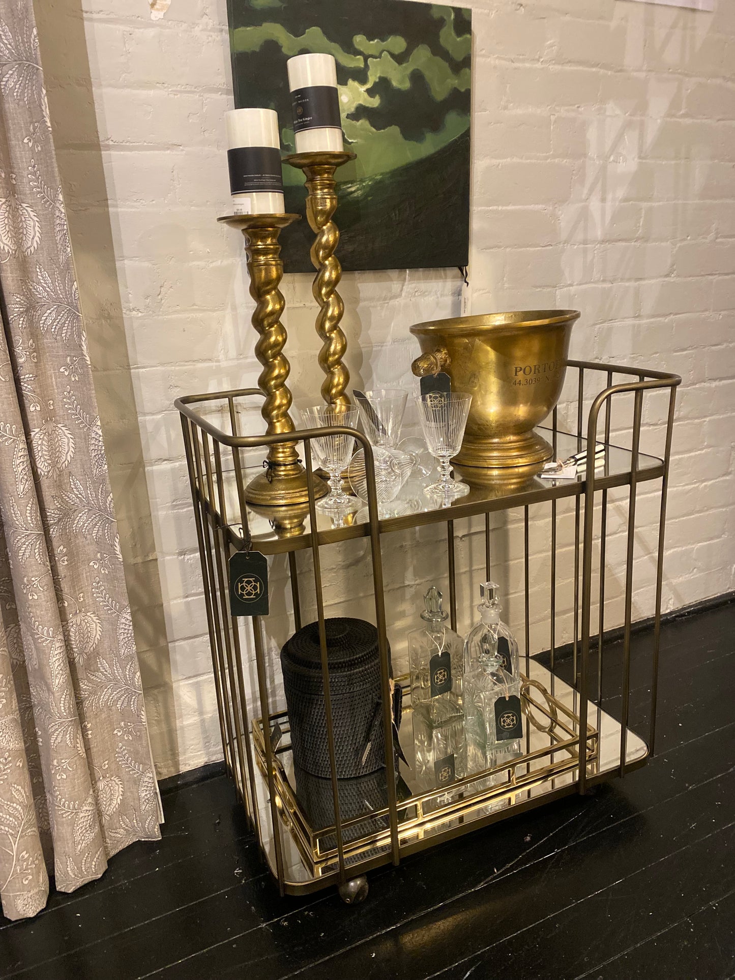 Two-Tiered Mirrored Bar Cart with Bronze Finish