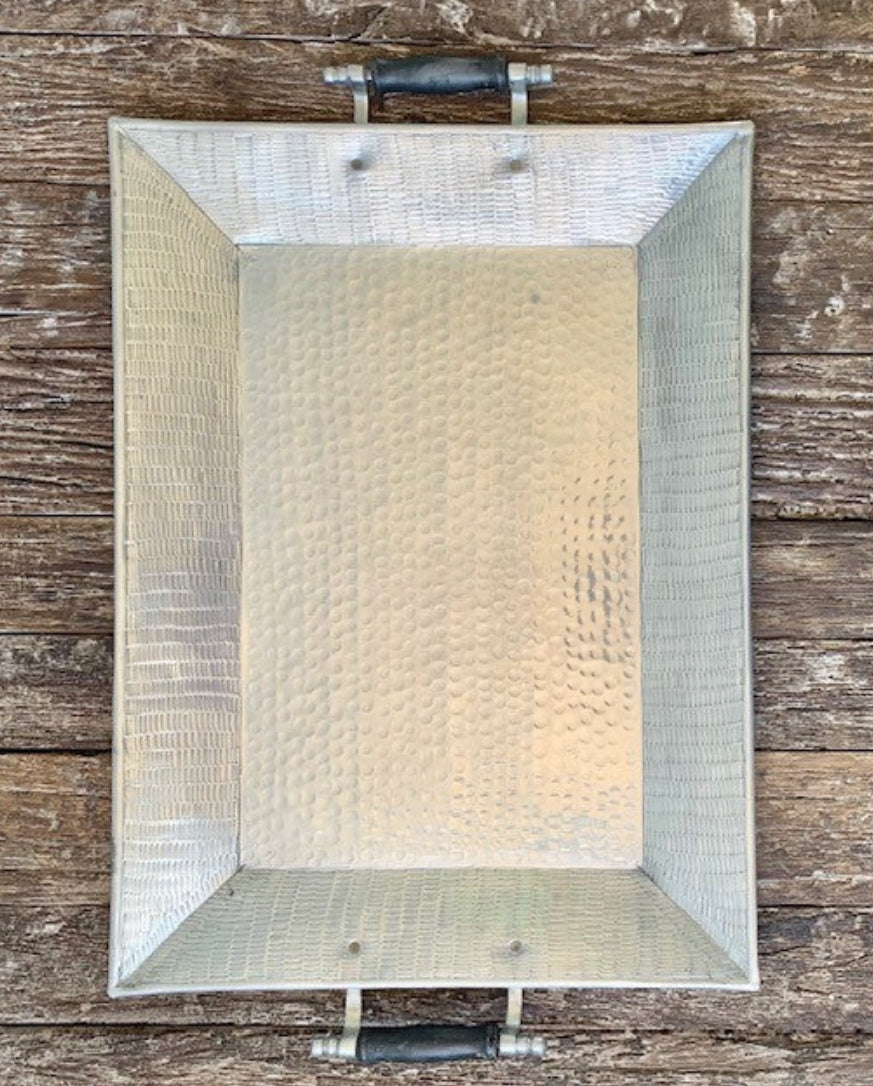 Hand Beaten Silver Metal Tray