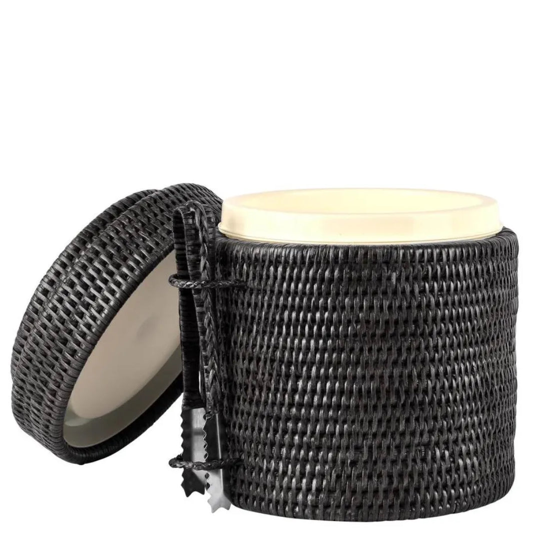 Black Rattan Ice Bucket with Tongs