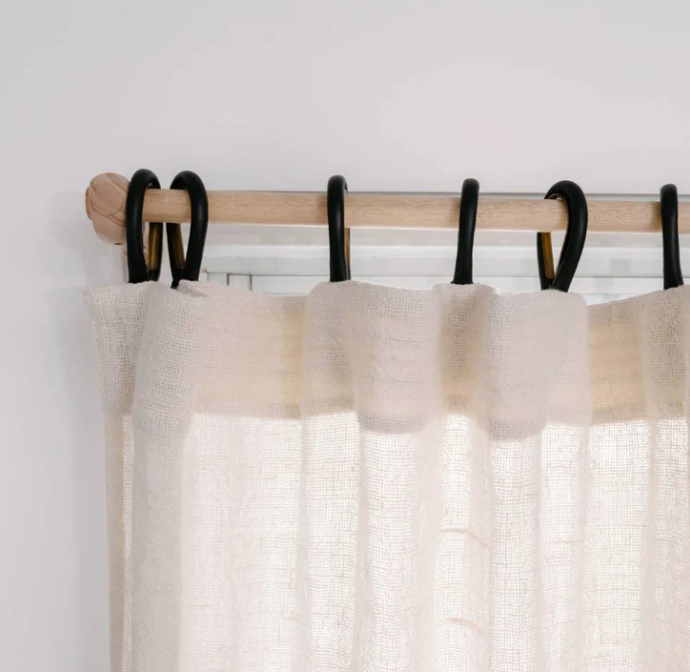 Bedouin Ivory Linen Curtain with Tie Back & Tan Leather Rings