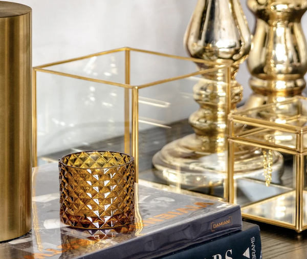Glass Tealight Candle Holder Amber/ Honey Colour Diamond Shape