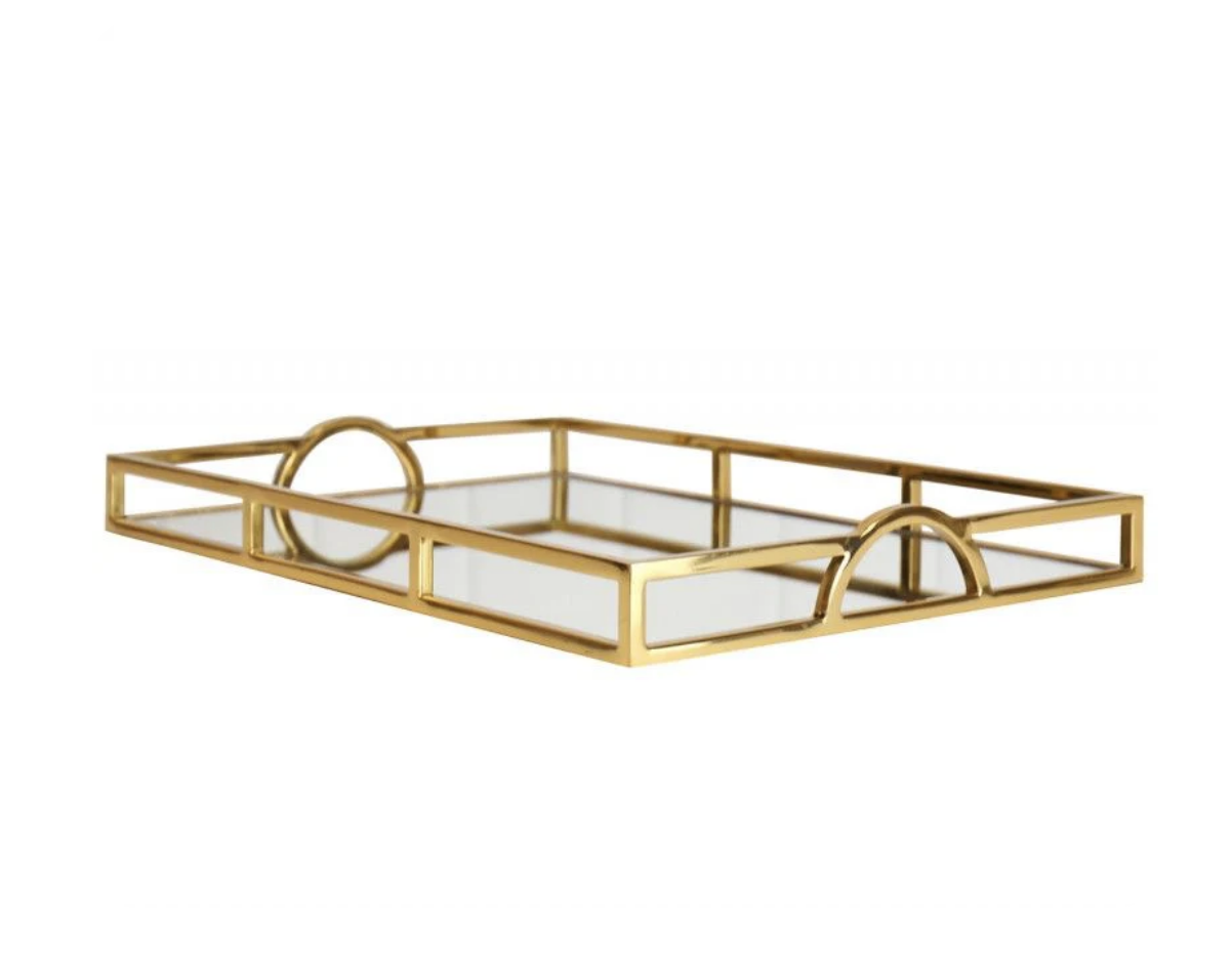 Large Rectangle Arch Handle Tray Gold & Mirror 56cm