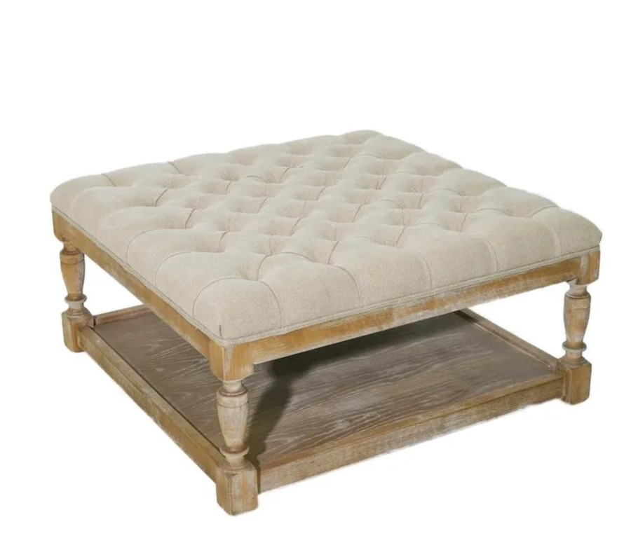 Square Oak & Linen Ottoman
