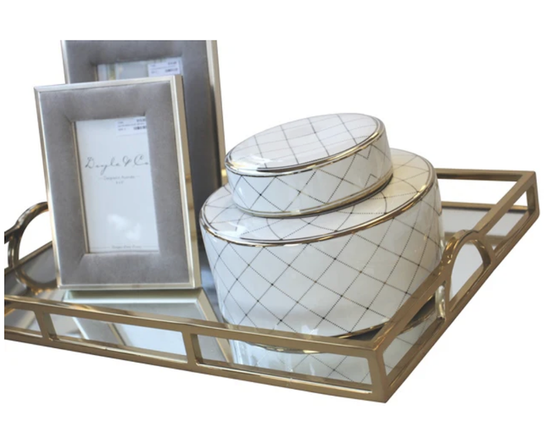 Large Rectangle Arch Handle Tray Gold & Mirror 56cm