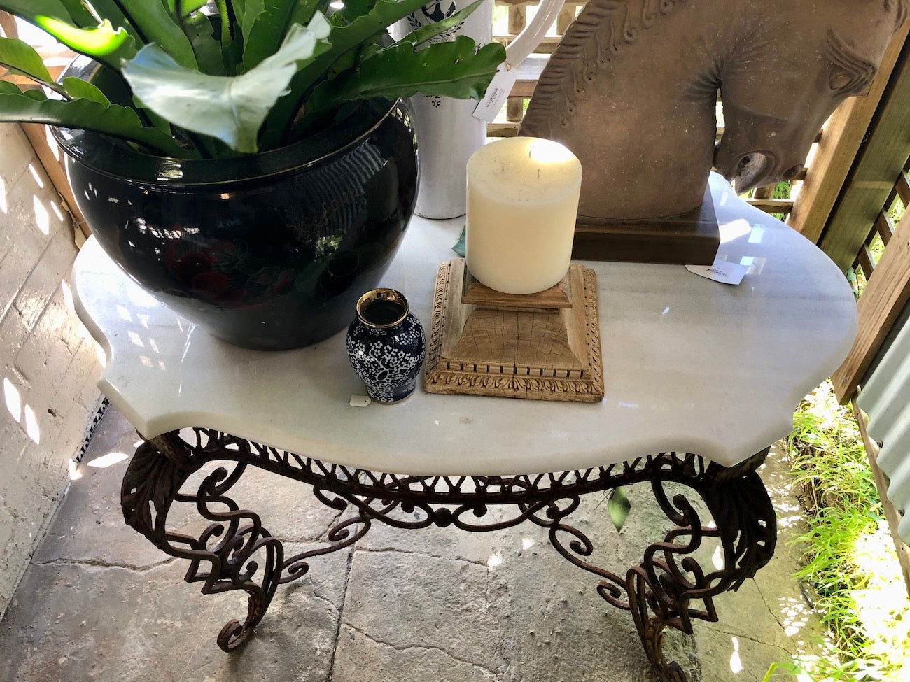 SOLD Vintage Wrought Iron & Marble Console / Table