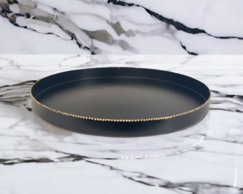 Matt Black Round Tray Gold Rim 41 x 3cm