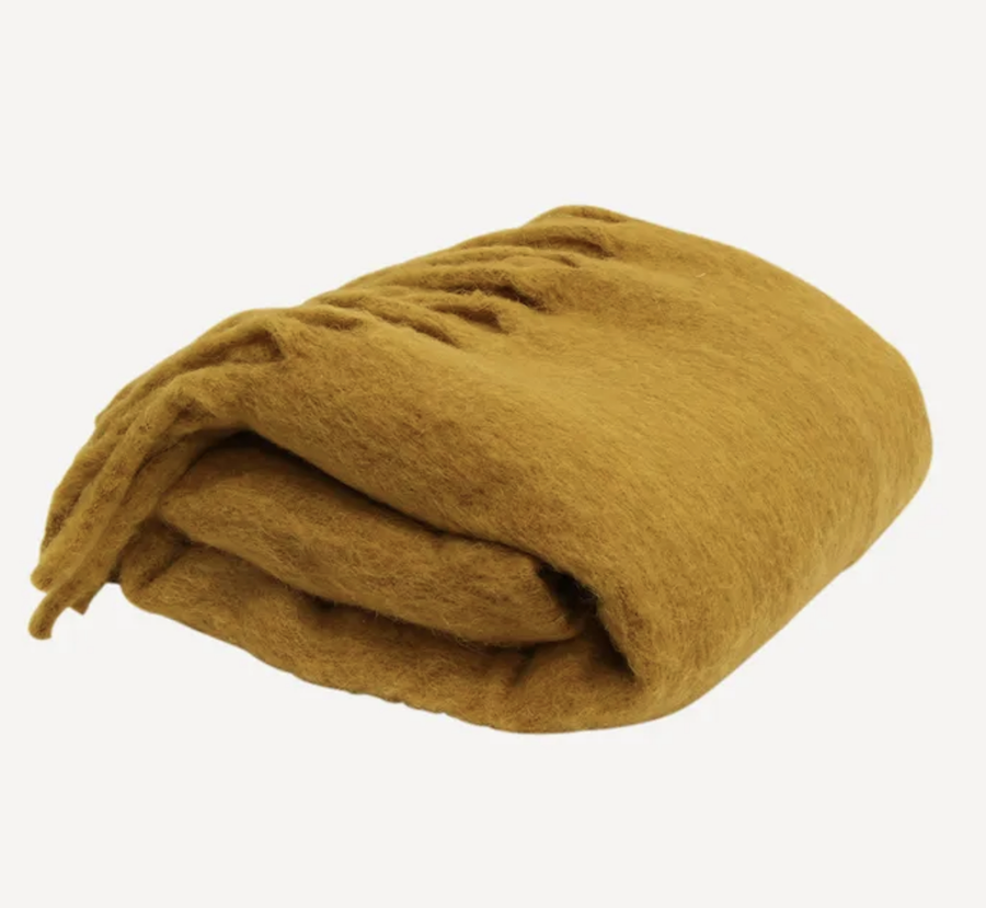 Solid Fringed Mustard Wool Blend Throw
