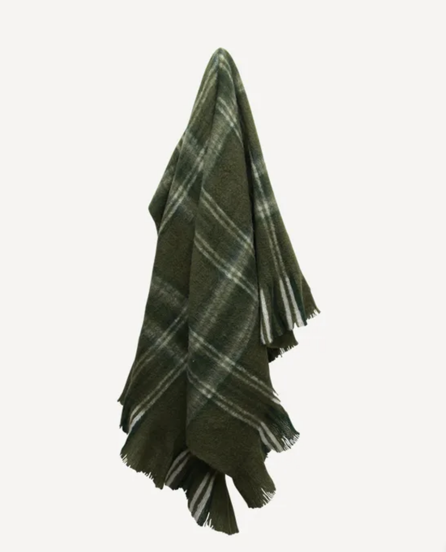 Plaid Green Wool Blend Throw - Tartan