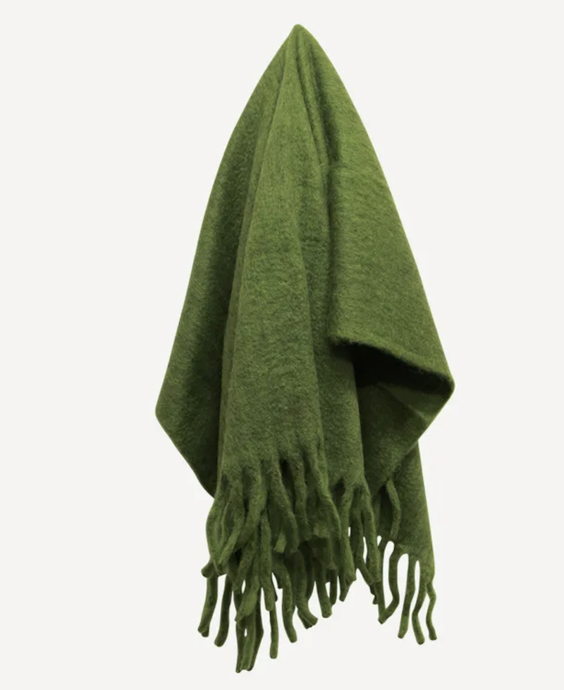 Solid Fringed Sage Green Wool Blend Throw