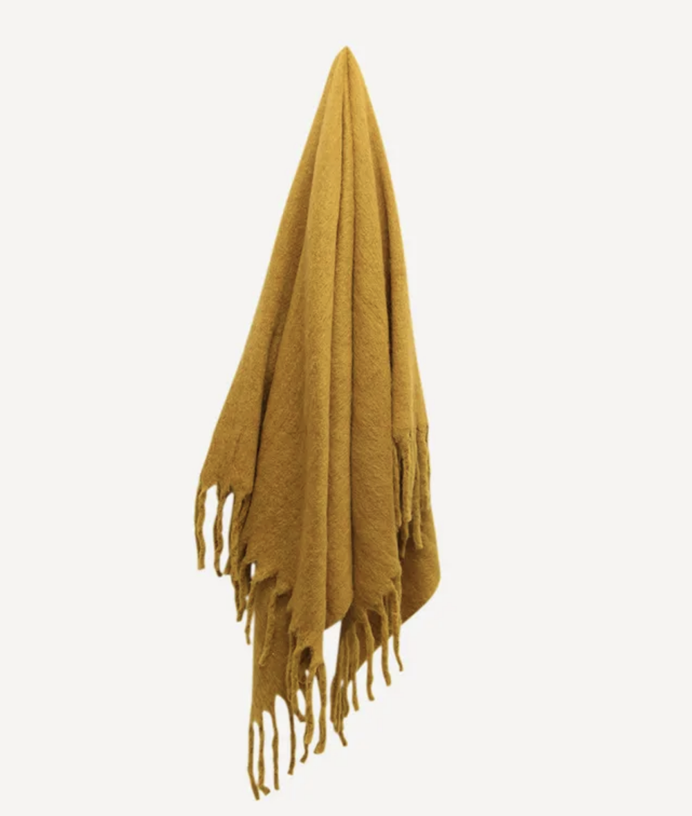 Solid Fringed Mustard Wool Blend Throw