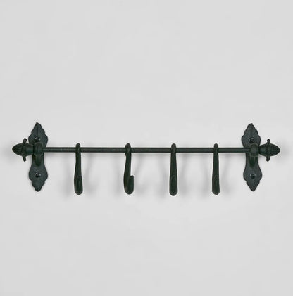Cast Iron Wall Rack with Hooks - Black - 52cm