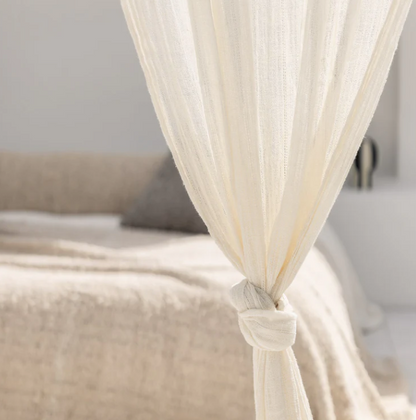 Airia Ivory Linen Sheer Curtain with Tan Leather Rings