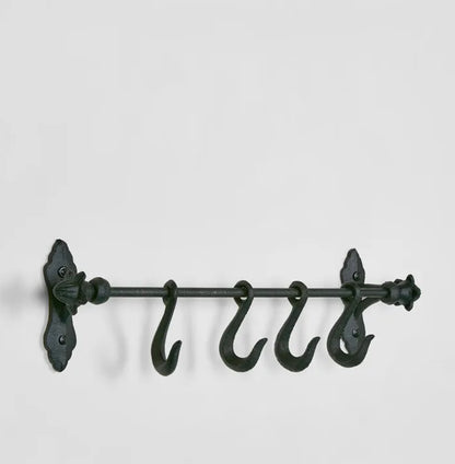 Cast Iron Wall Rack with Hooks - Black - 52cm