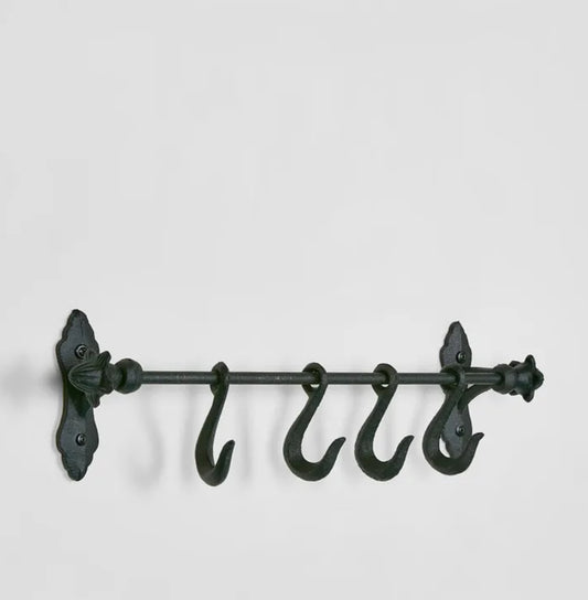 Cast Iron Wall Rack with Hooks - Black - 52cm