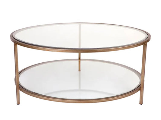 Round Glass Coffee Table with two glass shelves - Antique Gold