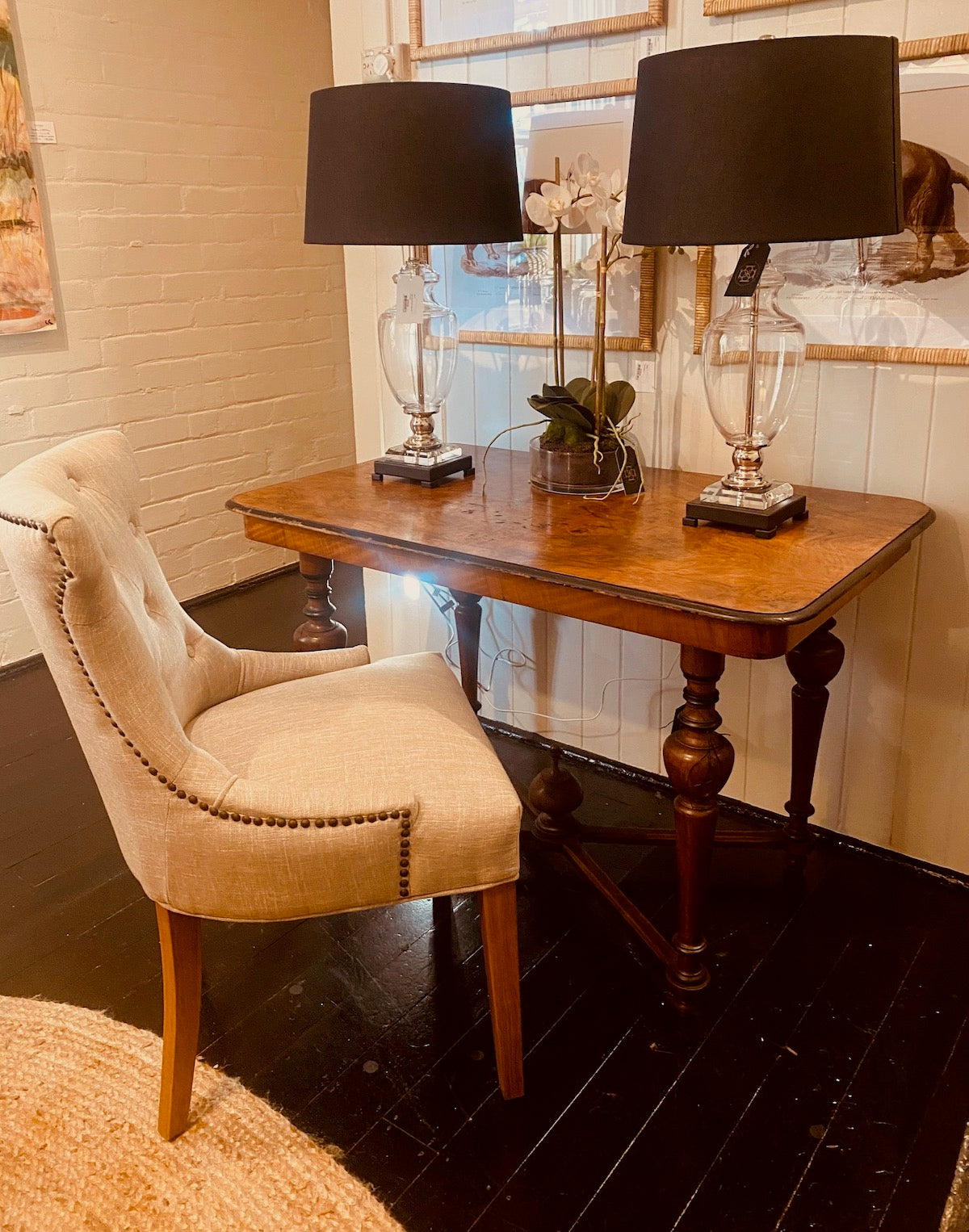 Antique Burr Walnut Veneer Foyer Table Desk