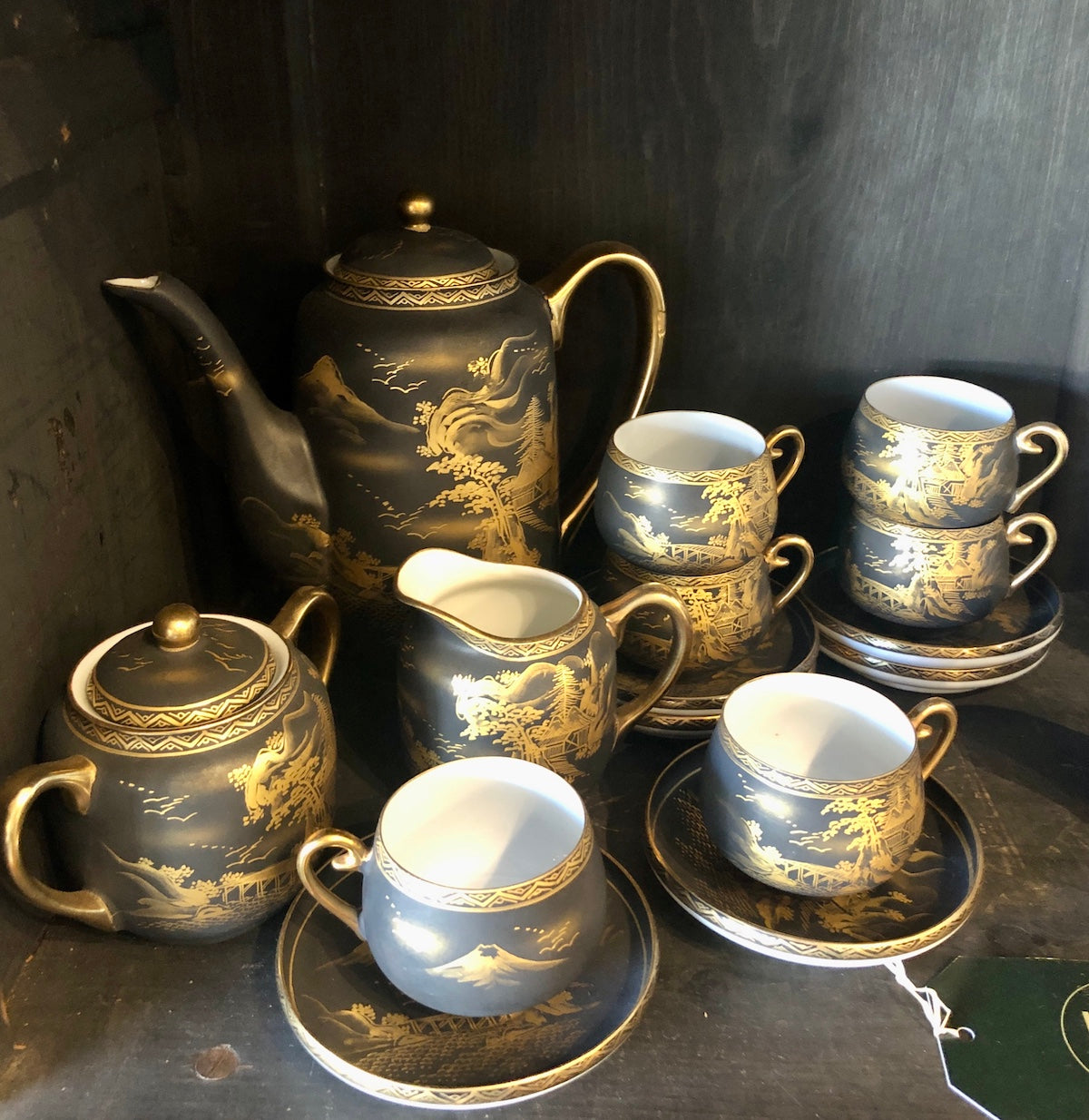 Vintage Black & Gold Japanese Eggshell Porcelain Tea Set