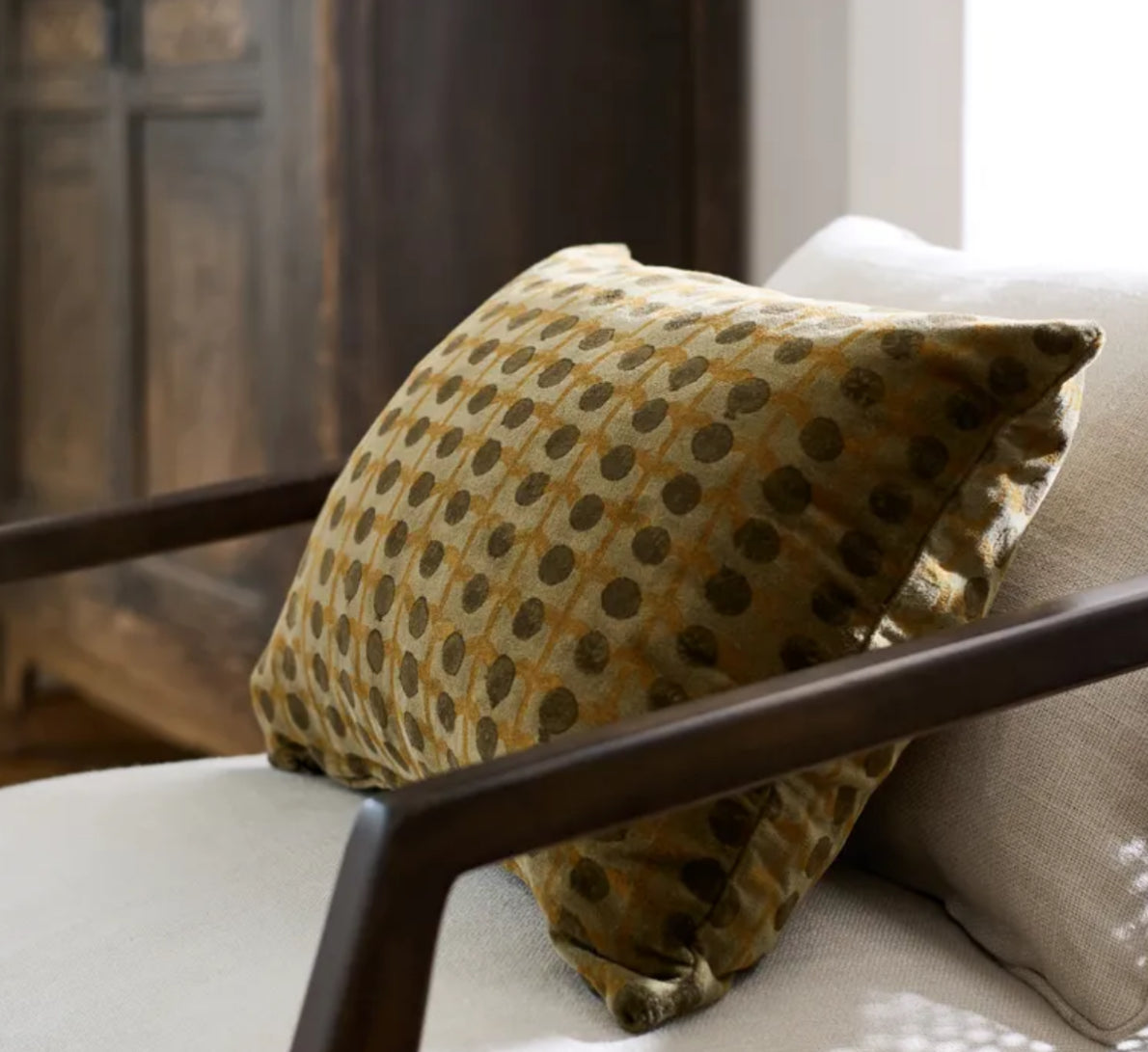 Dotty Hand Block Printed Velvet Cushion with Feather Insert