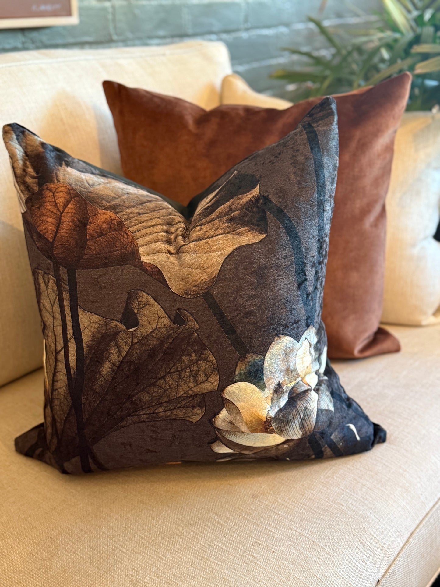 Lotus Night Chenille and Velvet Cushion