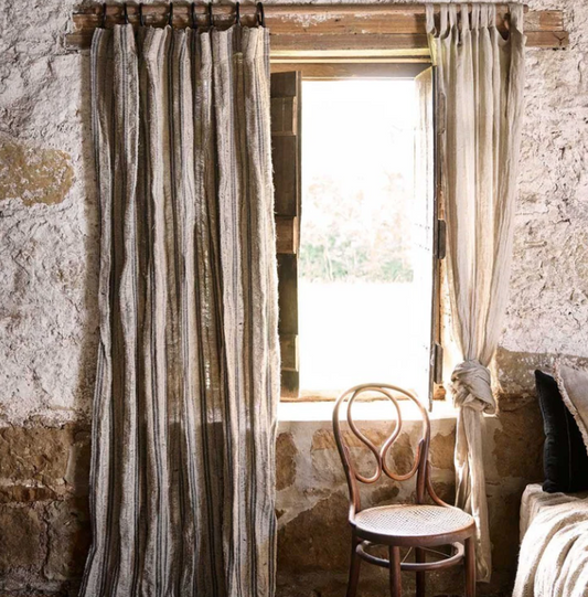 Jakob Stripe Linen Curtain with Black Leather Rings