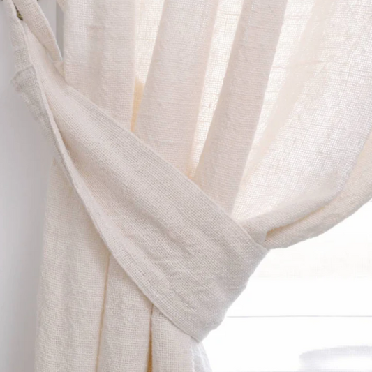 Bedouin Ivory Linen Curtain with Tie Back & Tan Leather Rings