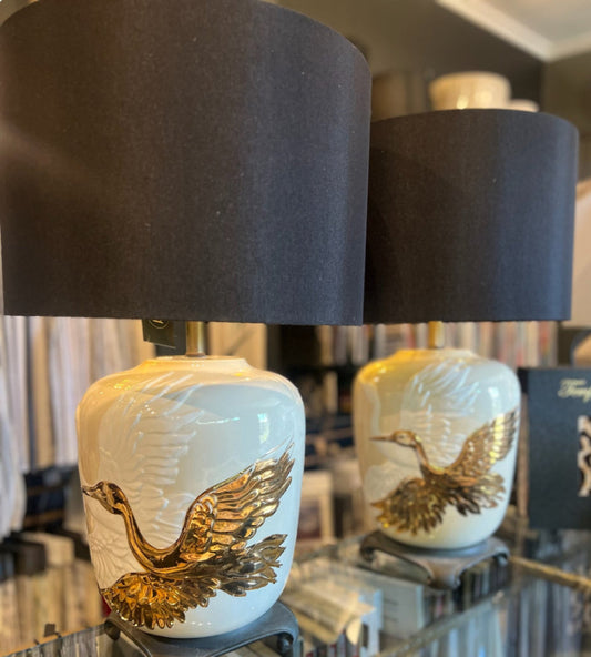 Vintage PAIR Chinese Gold Crane and Crème Table Lamps.
