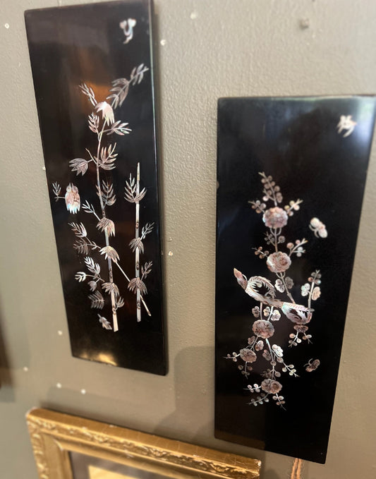 Pair of Vintage Lacquer Wood Panels with M.O.P Inlay