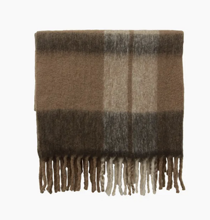Canopy Plaid Wool Blend Tassel Throw - Brown