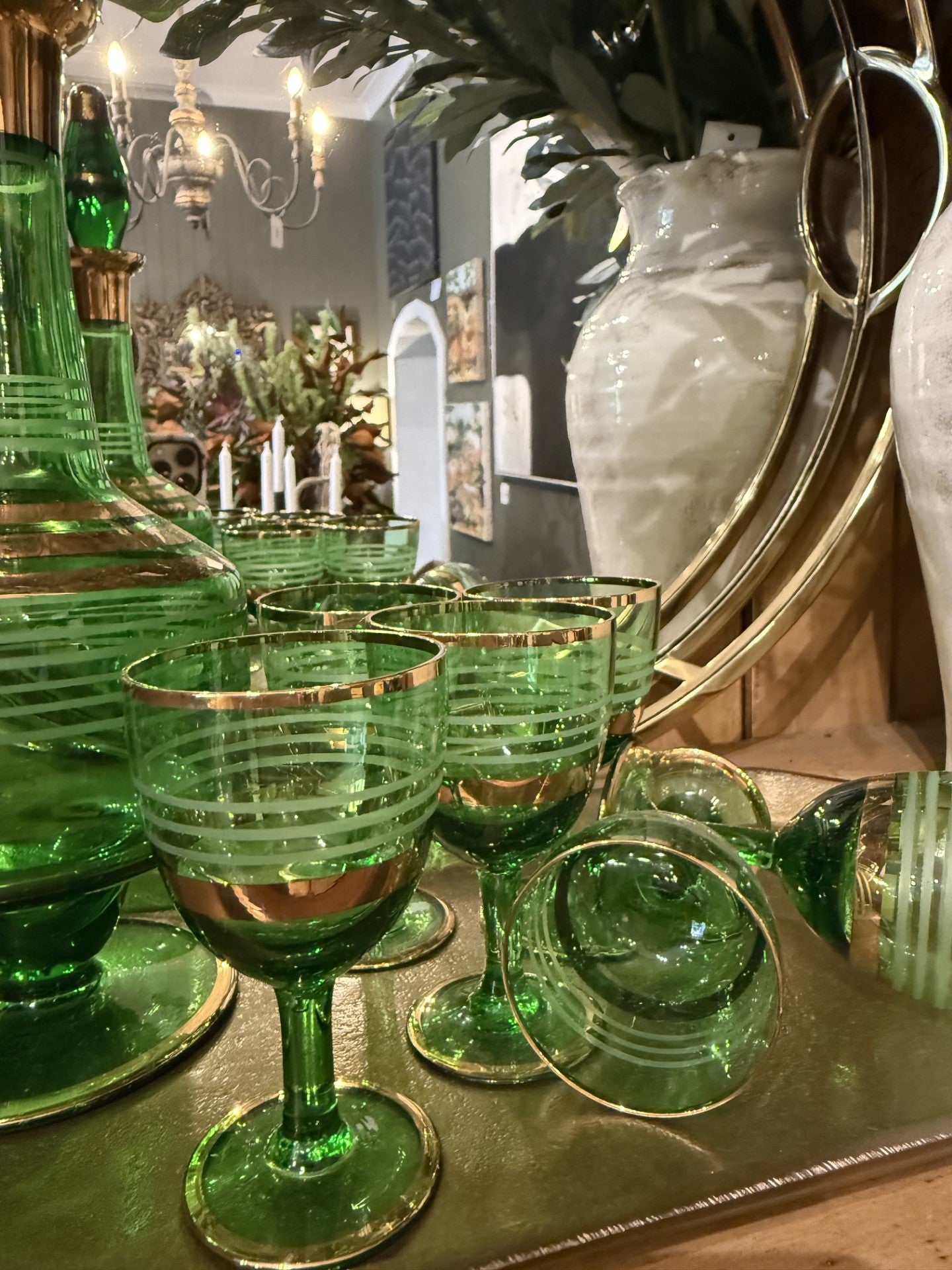 Vintage Green & Gold Liquer Set Circa 1960's