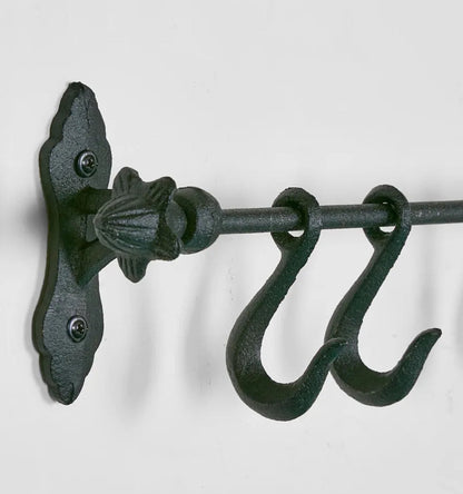 Cast Iron Wall Rack with Hooks - Black - 52cm