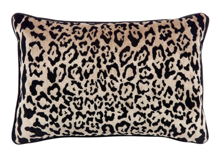 Leopard Chenille & Black Velvet Rectangle Cushion