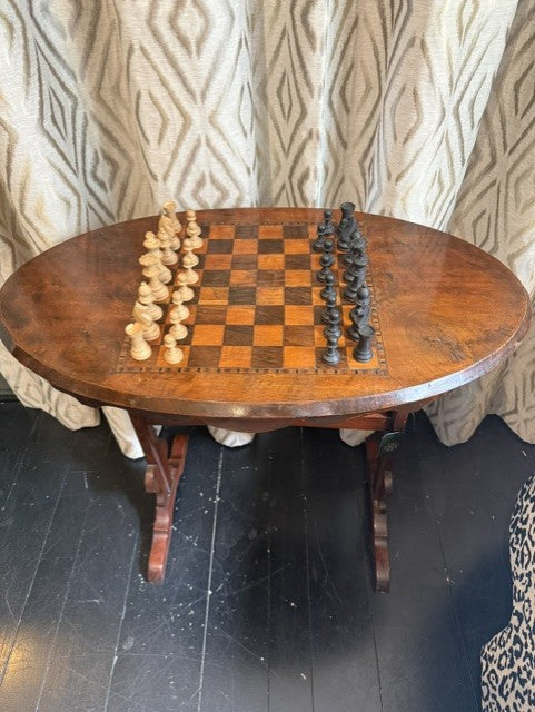 Antique Cedar & Burl Walnut Chess Table and Pieces