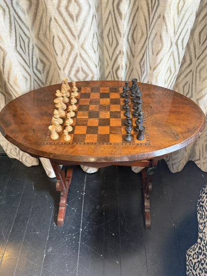 Antique Cedar & Burl Walnut Chess Table and Pieces