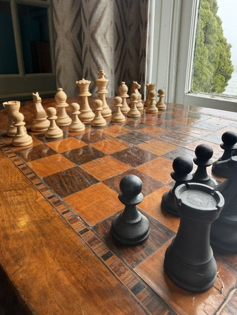 Antique Cedar & Burl Walnut Chess Table and Pieces